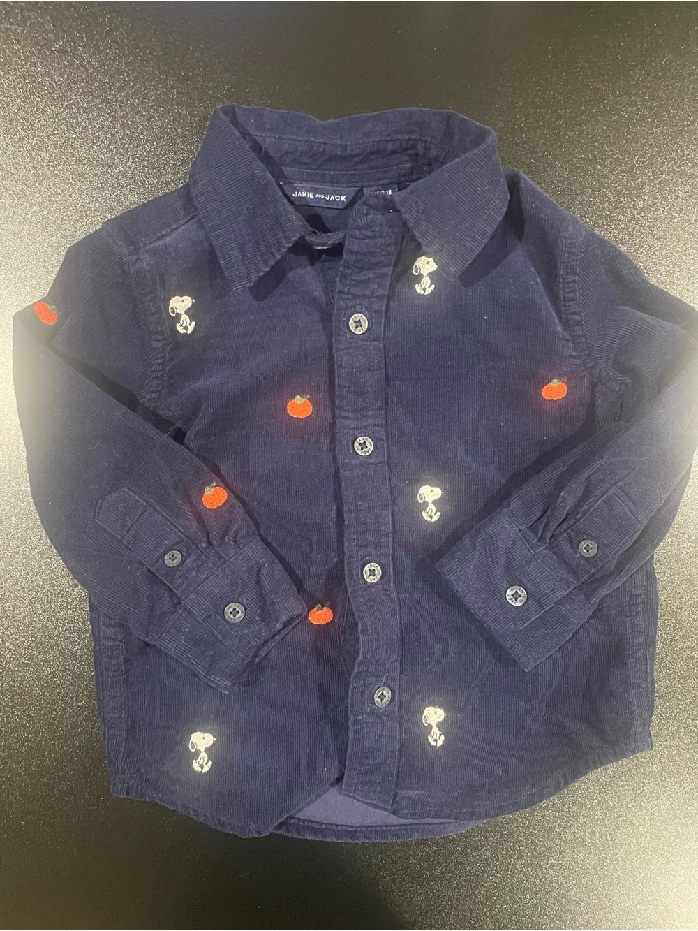 Janie and Jack Navy Corduroy Button-Down with Pumpkin & Snoopy. Fits 12-18 🎃 🐶